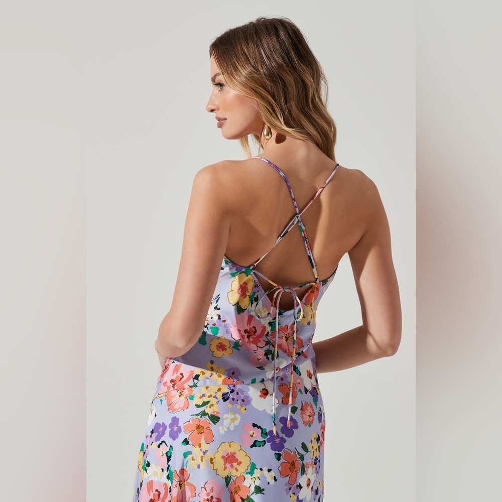 ASTR Gaia Draped Collar Satin Midi Dress in Periwinkle Floral Size Small NWT - Picture 13 of 13